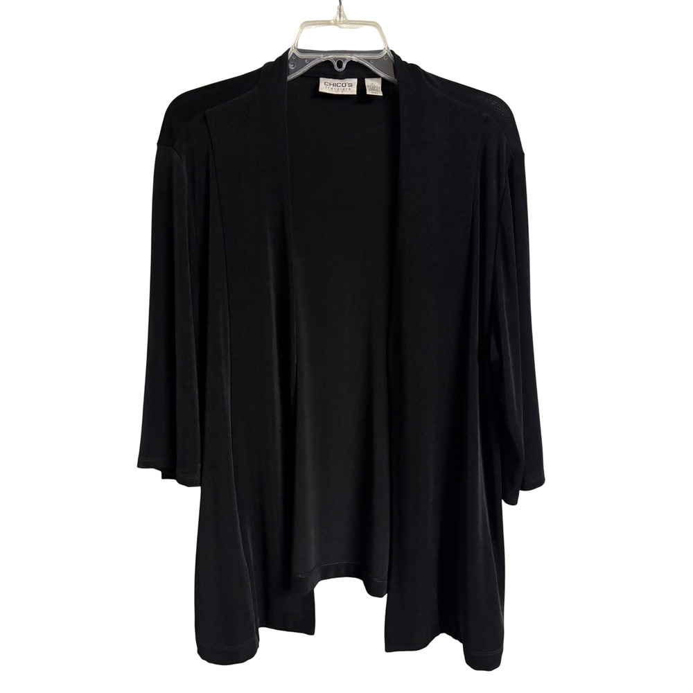 Chicos Travelers Black Open Front Cardigan 3/4 Sleeve Size 3 XL Minimalist